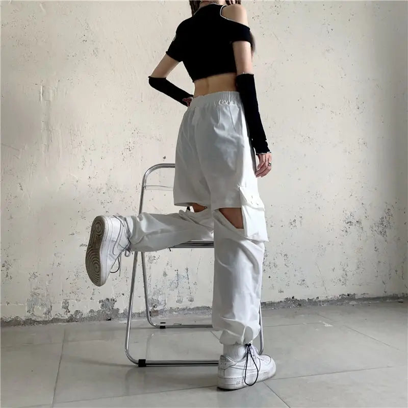 Streetwear Spring Summer Cargo Pants Women Harajuku Slim Punk Ribbons Joggers Elastic Waist Ankle-Length Trousers For Girls