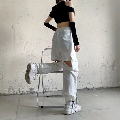 Streetwear Spring Summer Cargo Pants Women Harajuku Slim Punk Ribbons Joggers Elastic Waist Ankle-Length Trousers For Girls