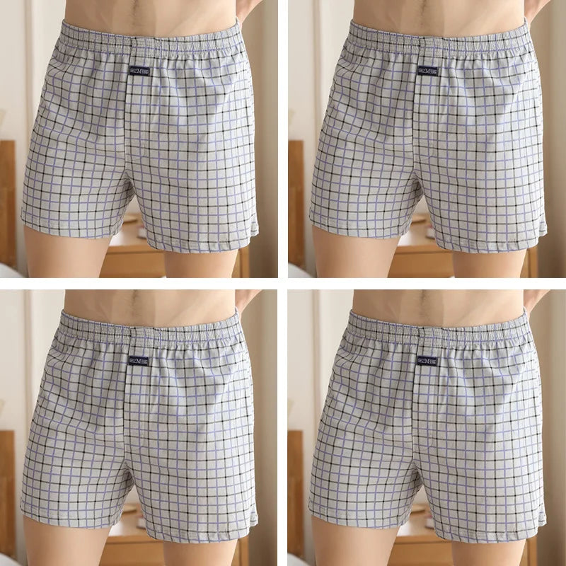 4pcs Male Arrow Pants Men Cotton Plaid Boxers Shorts Loose Mid-Waisted Men's Plus Size Underwear Homewear Comfortable Panties