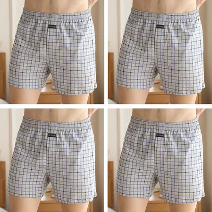 4pcs Male Arrow Pants Men Cotton Plaid Boxers Shorts Loose Mid-Waisted Men's Plus Size Underwear Homewear Comfortable Panties