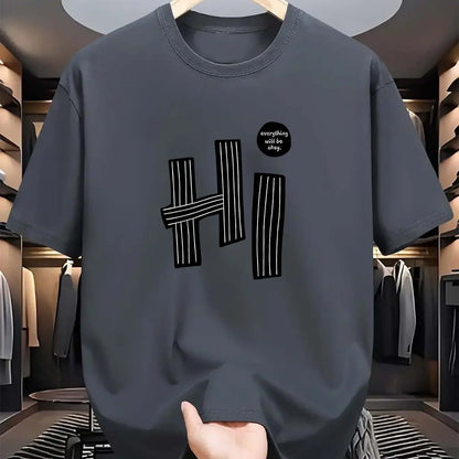 Summer men's 100% pure cotton casual loose fit plus size hi letter pattern  printed round neck short sleeved T-shirt top