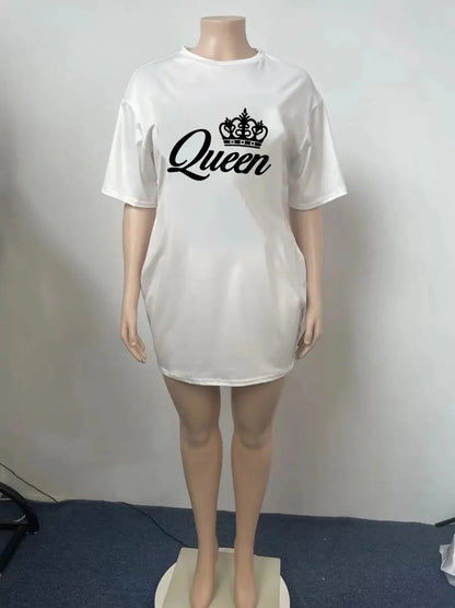 Women's Summer Casual Queen Print Loose Size Round Neck Short Sleeve T-shirt Dress