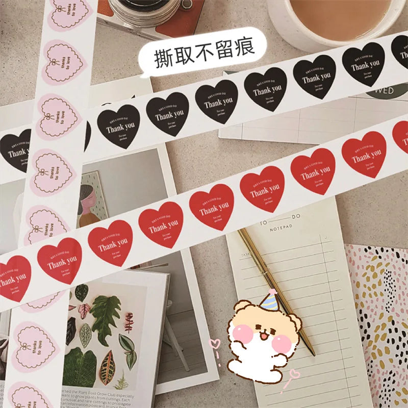 500pcs/roll New Red Heart Thank You Stickers Cute Heart-shaped Decorative Seal Labels for Wedding, Party Gifts, Business Package