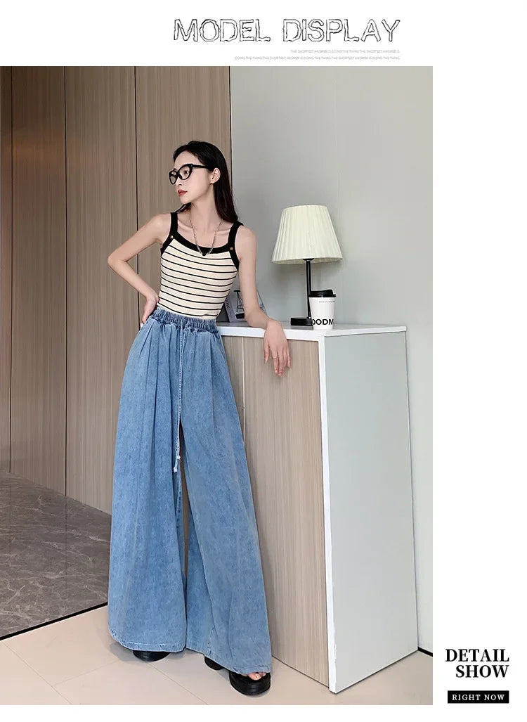 2024 Autumn New Loose-Fit Plus Size Women's Jeans Slimming Wide-Leg Ground-Length Simple Style Casual Ladies Pants