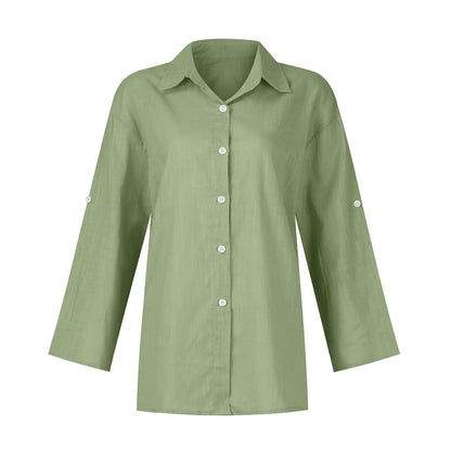 Summer Plus Size Cotton Linen Solid Color Seven-Point Sleeve Shirt V-Neck For Ladies Loose Casual Lightweight Camisas De Mujer