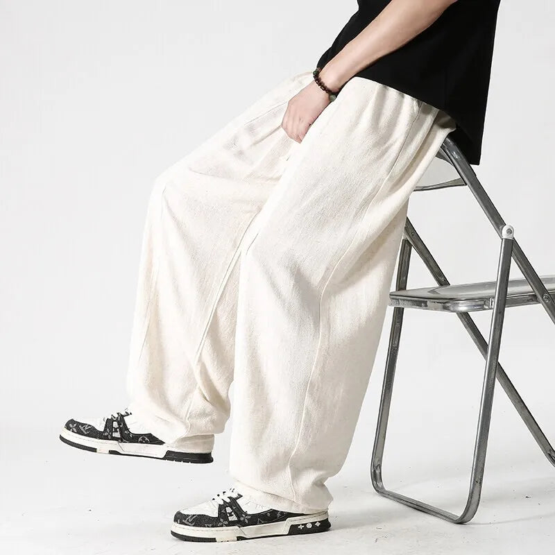 Summer Wide Leg Pants Men's Cotton Linen Harun Loose Pants Men Casual Elastic Waist Circumference Lantern Trousers Plus Size 5XL