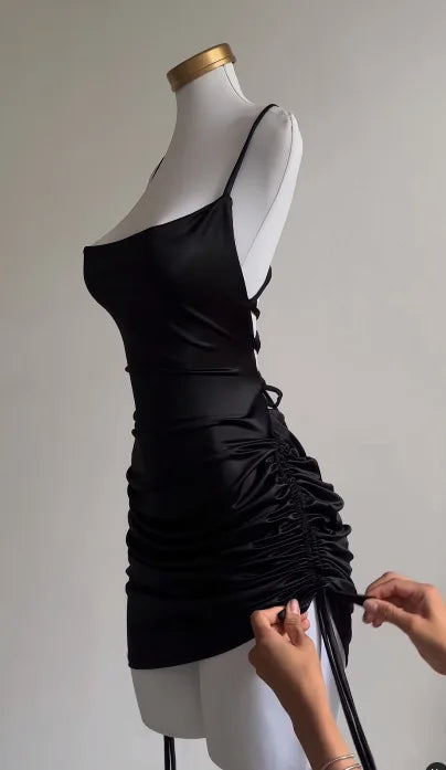 2024 Spring Summer New Spaghetti Strap Dresses Women Sexy Backless Leace-up Drawstring Package Hip Slim Dress Hot Girl Vestidos