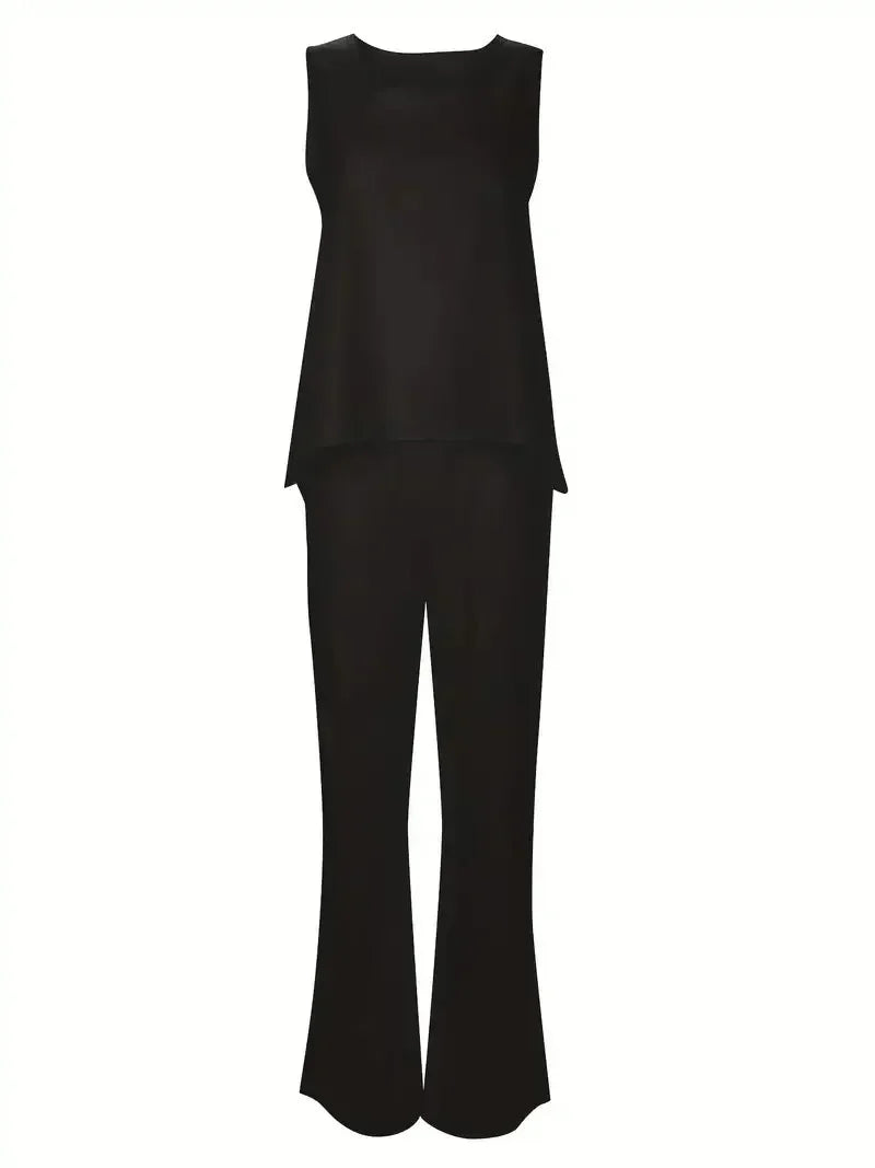 Women's1XL-8XL Plus Size Round Neck Casual Outfits Two Piece Set Solid Tank Top Wide Leg Pants Outfits 2 Piece Set