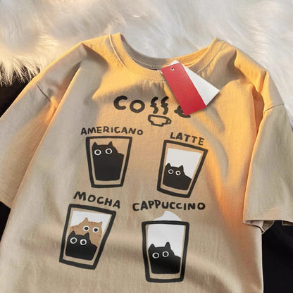 Summer Cream Coffee Cat Print Oversized Loose Short Sleeve Unisex T-shirt Women American Youth  Casual Street Couple Top