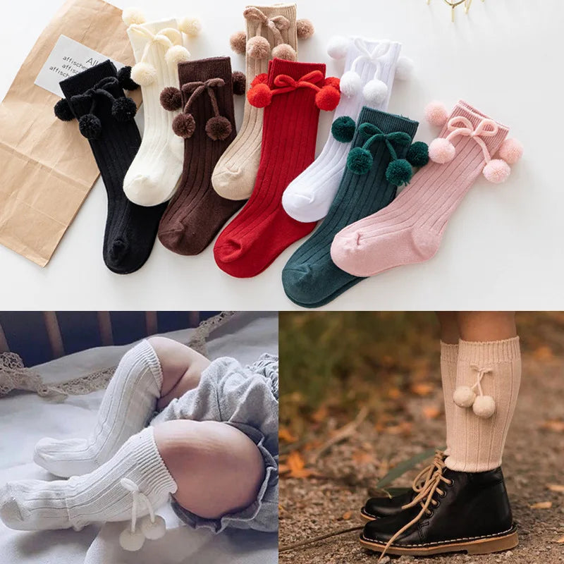 1 Pair Winter Kawaii Baby Stockings Cotton British Princess Knee High Long Bow Pom Tube Socks for Girls Knitted Sock for 0-4Year