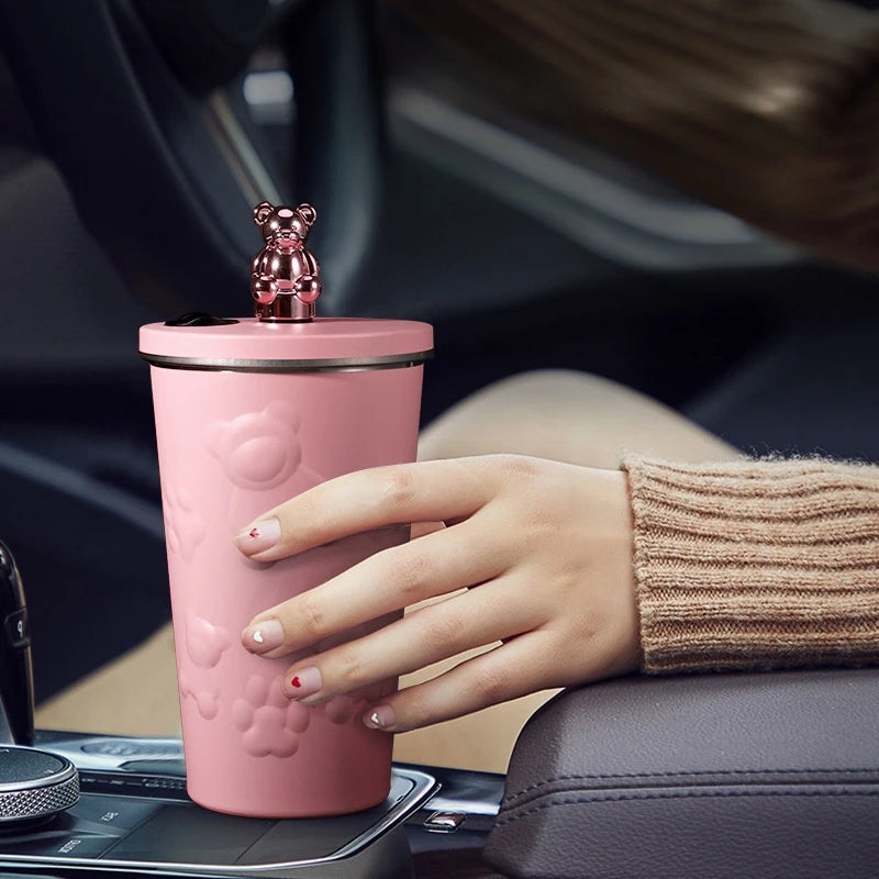 600ml Cute Bear 304 Stainless Steel Coffee Thermos Double Wall Vacuum Insulation with Straw Outdoor Water Bottle Car Cup