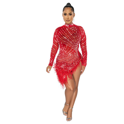 2022 Summer Fashion Sexy Tassel Mesh Embroidered Dress Women Irregular Short Skirt Mid-waist