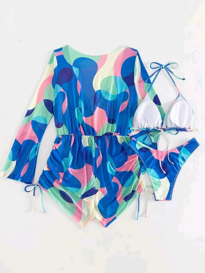 3 Pieces Triangle Halter String Bikini Long Sleeve Swimsuit Women Swimwear Female Bathers Bathing Swimming Swim Suit