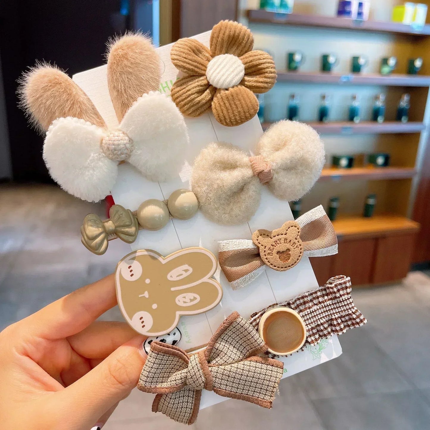 Autumn Winter 8Pcs Kids Hairclip Cartoon Bear Cute Bowknot Baby Princess Hair Accessories Newborn Cream Color Hairclips For Girl
