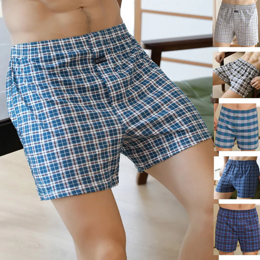 4pcs Male Arrow Pants Men Cotton Plaid Boxers Shorts Loose Mid-Waisted Men's Plus Size Underwear Homewear Comfortable Panties