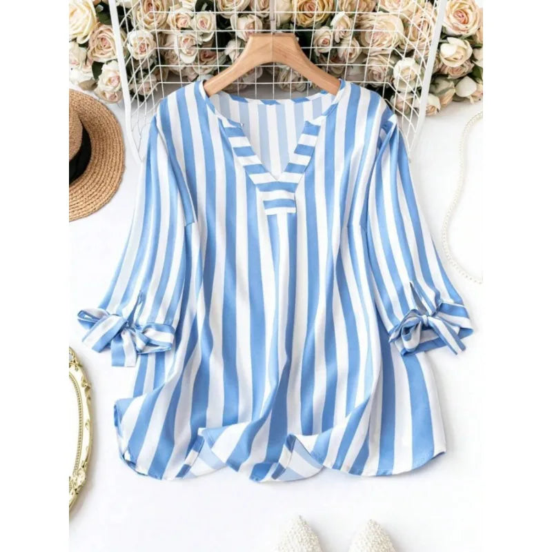 Spring Plaid T-shirt V-neck Jumper Light Breathable European and American Style Beach Travel Clothes