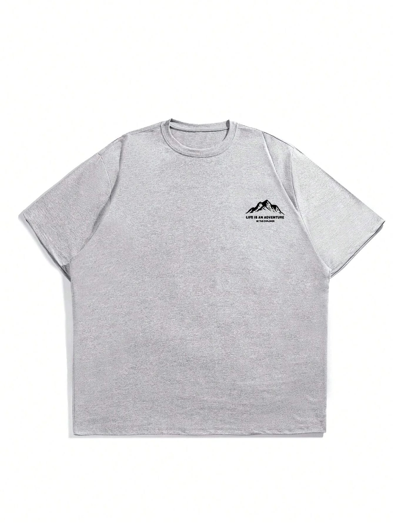 Summer men's 100% pure cotton casual loose plus size Letter And Mountain pattern printed round neck short sleeved T-shirt top