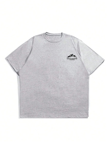 Summer men's 100% pure cotton casual loose plus size Letter And Mountain pattern printed round neck short sleeved T-shirt top