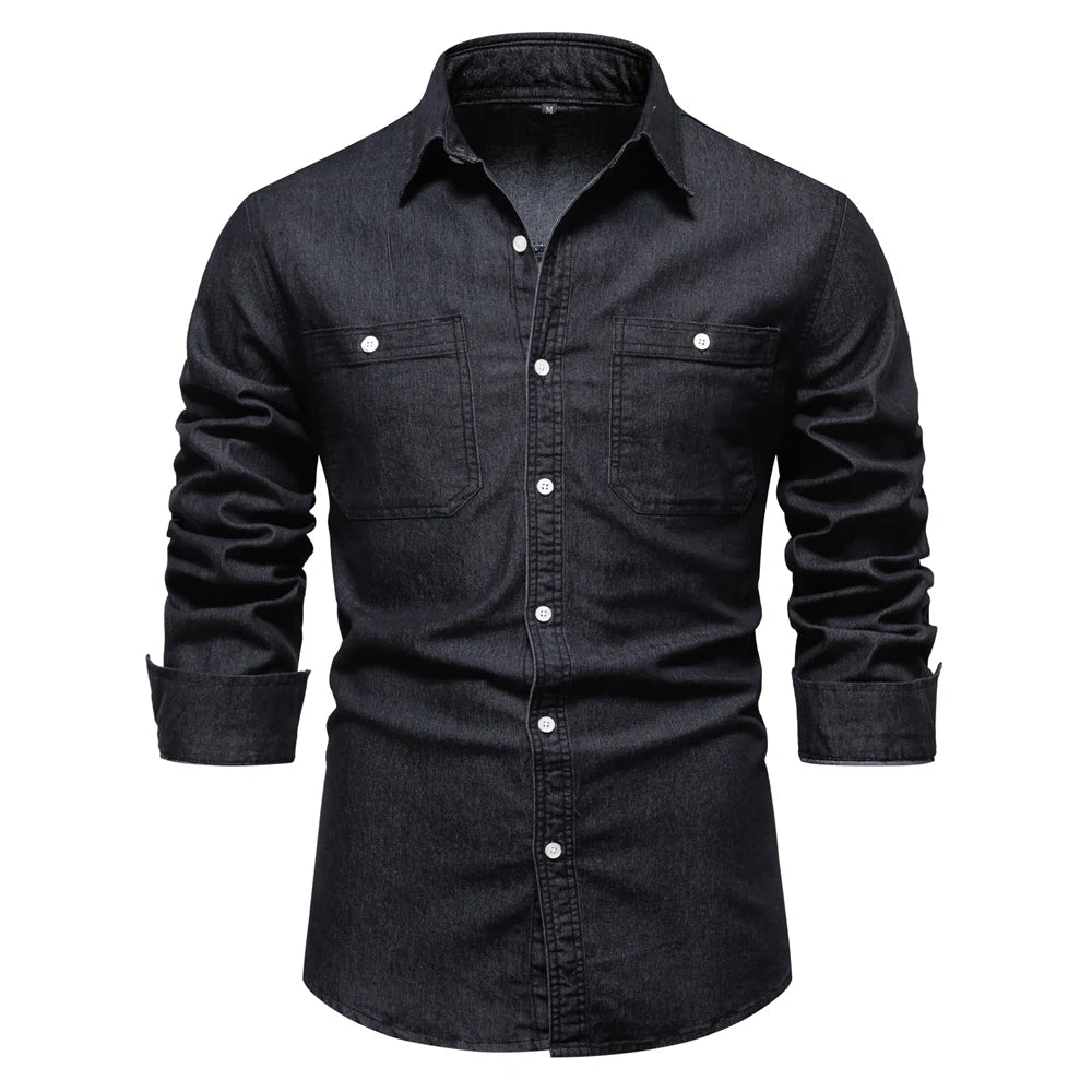 AIOPESON Autumn New Cotton Men's Denim Shirt Solid Color Single Pocket Casual Long Sleeve Shirt Autumn Jeans Shirt for Men