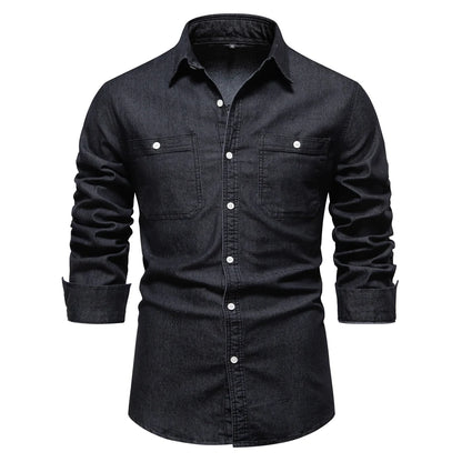 AIOPESON Autumn New Cotton Men's Denim Shirt Solid Color Single Pocket Casual Long Sleeve Shirt Autumn Jeans Shirt for Men