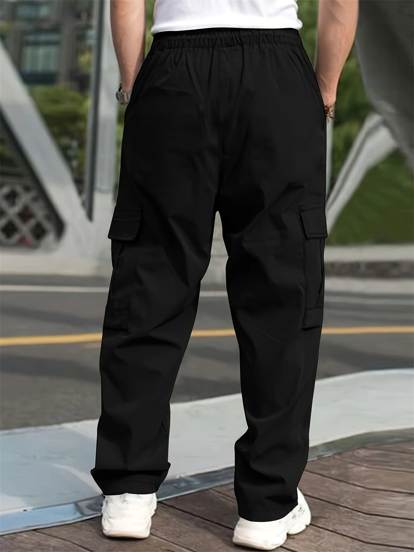 2024 Spring/Summer New Men's Fashion Casual Pants Solid Color Drawstring Multi Pocket Sports Running Straight Work Pants