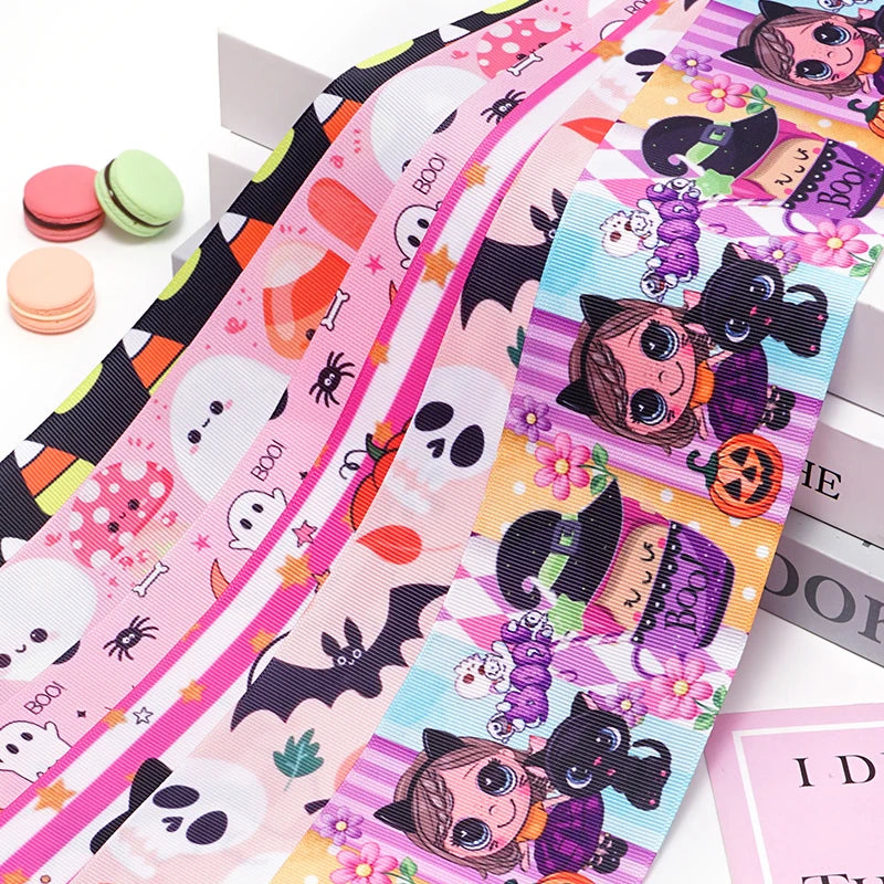 5 Yards Halloween Pumpkin Skeleton Stripe RIP Grosgrain/Satin Ribbon Printed Ribbon For Crafts Decoration Bow 82636