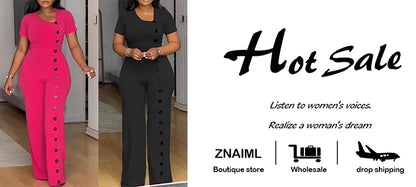 Znaiml Women Elegant Long Jumpsuits for Party Summer Short Sleeve Buttons Solid Color Wide Leg Pants Rompers One Pieces Overalls