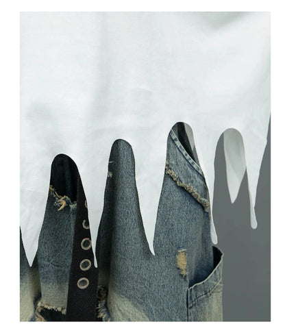 (No Belt)Women Streetwear Pants Set Plus Size White Tassels Tees +2 In 1 Cross Pants Novelty High Street Matching Wear Suit