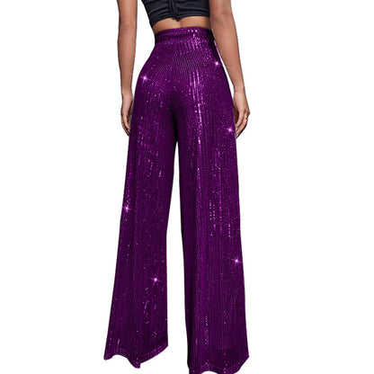 Women's Fashion Solid Color High Waist Sequin Side Zipper Draped Wide Leg Pants Pants for Women Women’s Pants Women’s Pants 2024