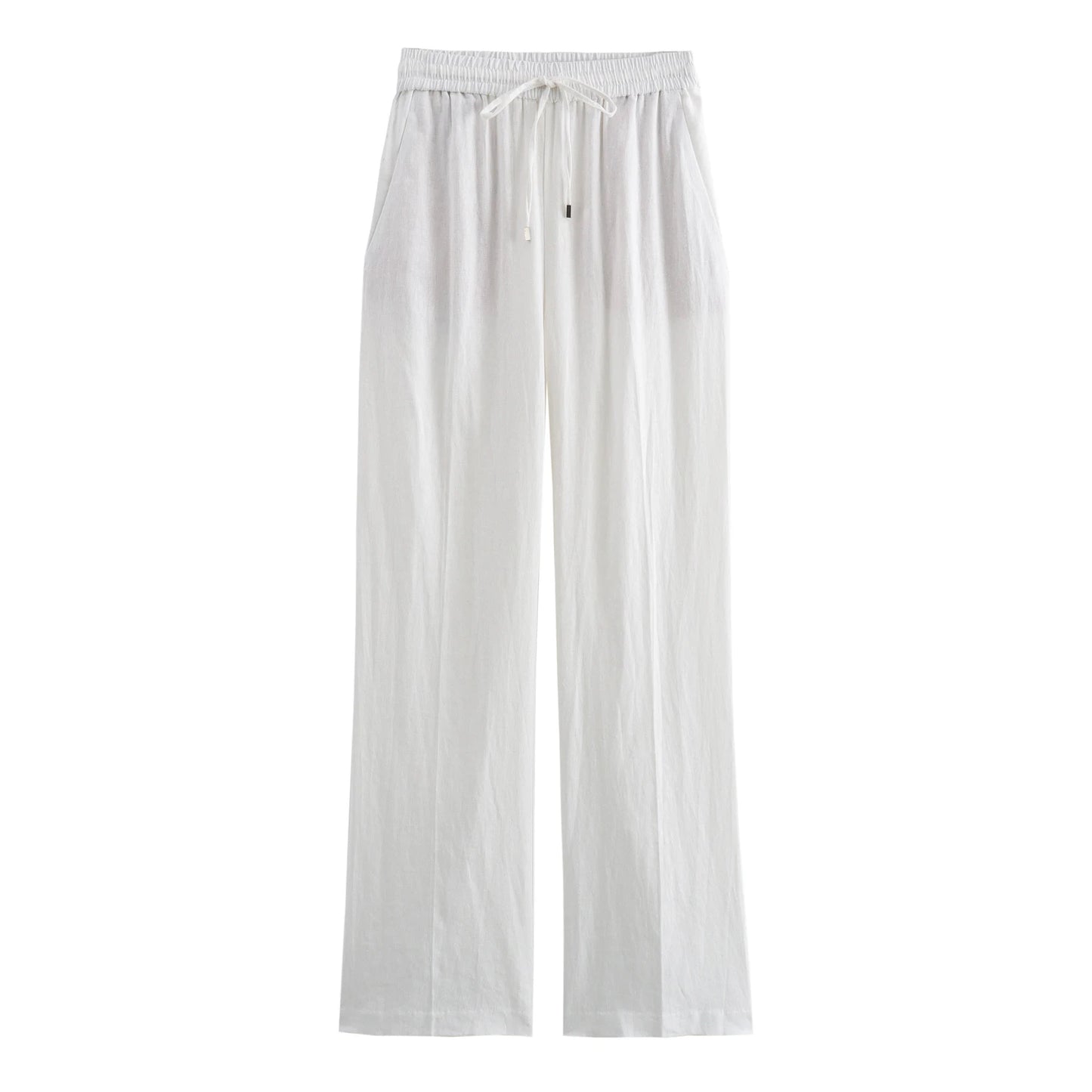 TRAF Women Fashion Spring Summer Lace-up Linen Blended Straight Pants Pocket Office Lady Chic High Waist Trousers Mujer