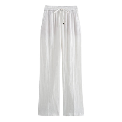 TRAF Women Fashion Spring Summer Lace-up Linen Blended Straight Pants Pocket Office Lady Chic High Waist Trousers Mujer