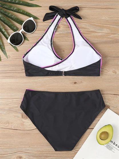 V Neck Bikini Set 2024 Women Stripe Print Patchwork Swimwear Summer Beachwear Swimsuit Female Bathers Bathing Swimming Suit 2XL