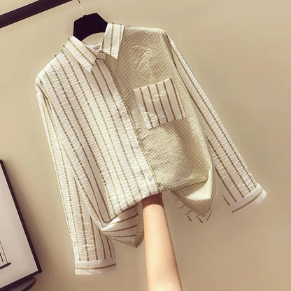 2025 Korean Summer Thin Trendy Striped Women's Shirt & Blouses Patchwork Pocket Loose Casual Office Lady Shirt Sweet Women's Top