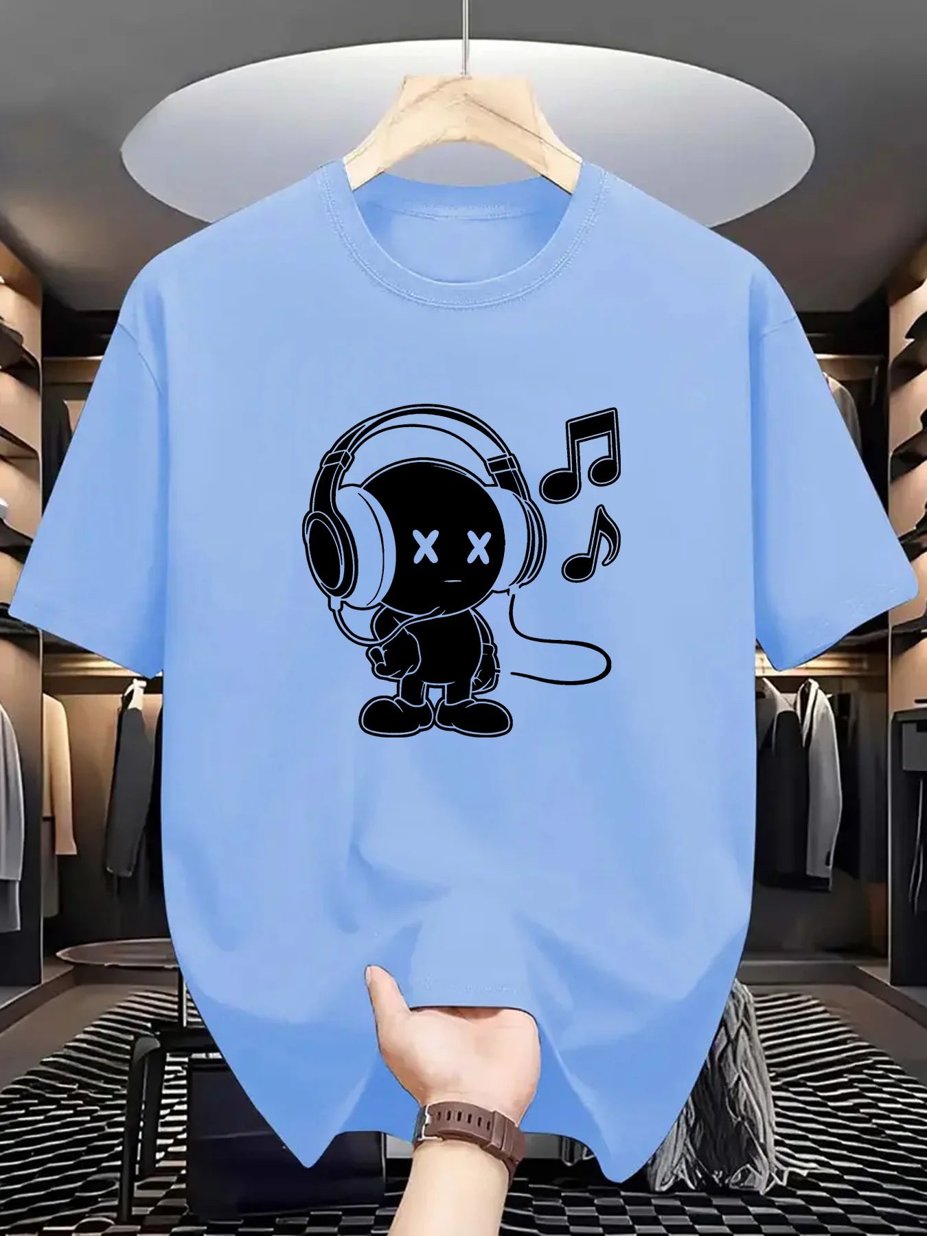 Summer men's 100% cotton casual loose fit plus size music themed printed comfortable sports round neck short sleeved T-shirt top