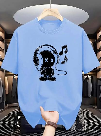 Summer men's 100% cotton casual loose fit plus size music themed printed comfortable sports round neck short sleeved T-shirt top