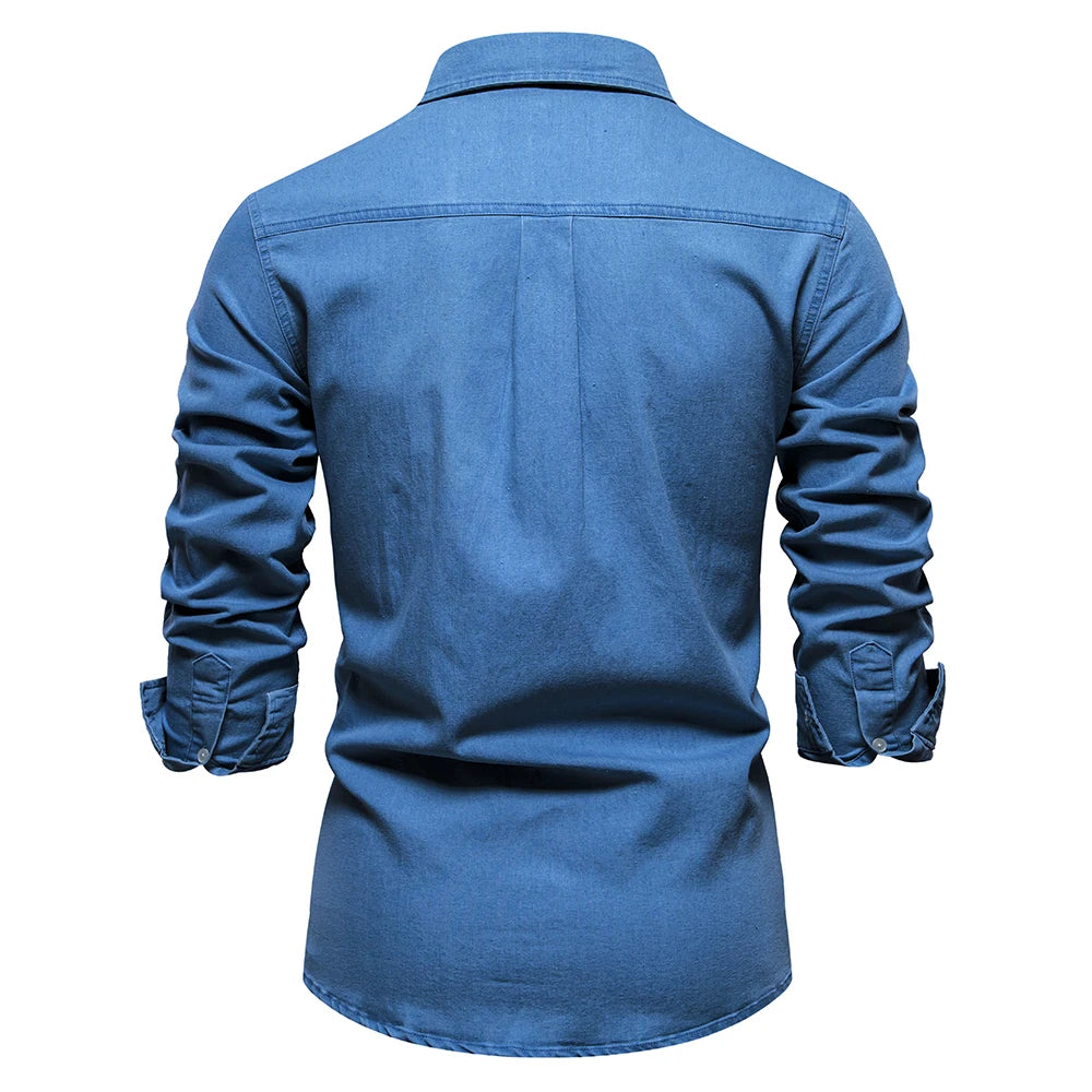 AIOPESON Autumn New Cotton Men's Denim Shirt Solid Color Single Pocket Casual Long Sleeve Shirt Autumn Jeans Shirt for Men