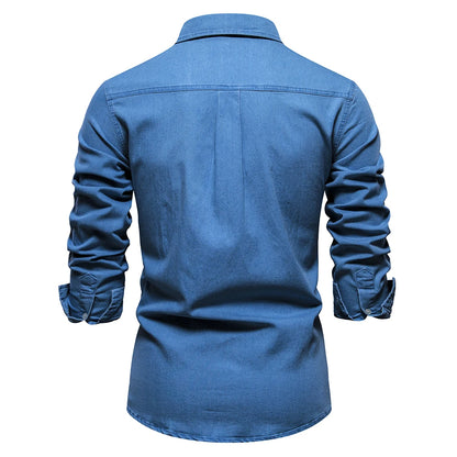 AIOPESON Autumn New Cotton Men's Denim Shirt Solid Color Single Pocket Casual Long Sleeve Shirt Autumn Jeans Shirt for Men