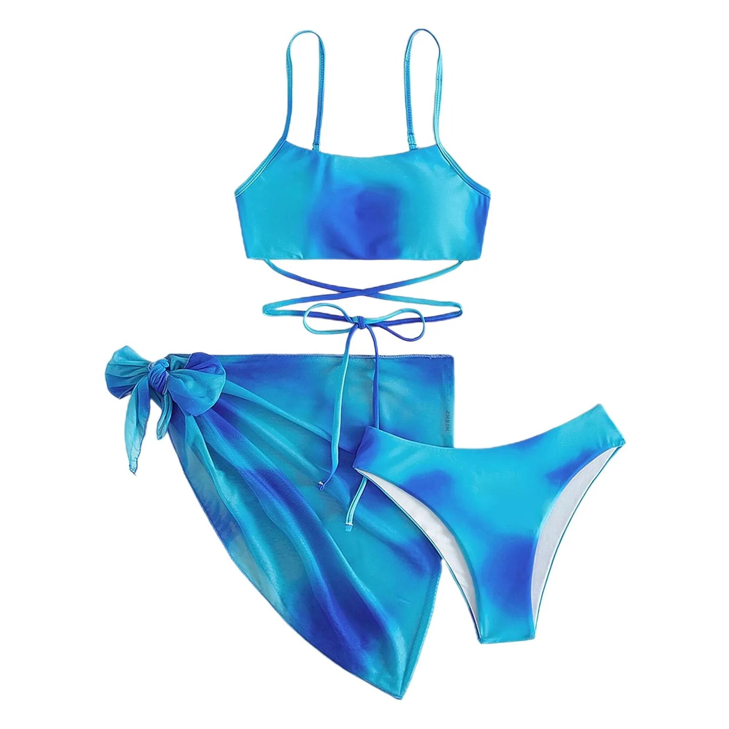 2024 new tie-dye Lace up Split Swimsuit Beach Bikinis Set Sexy Backless top Hipster Bottom and Cover Up dress 3 Pieces Swimsuit