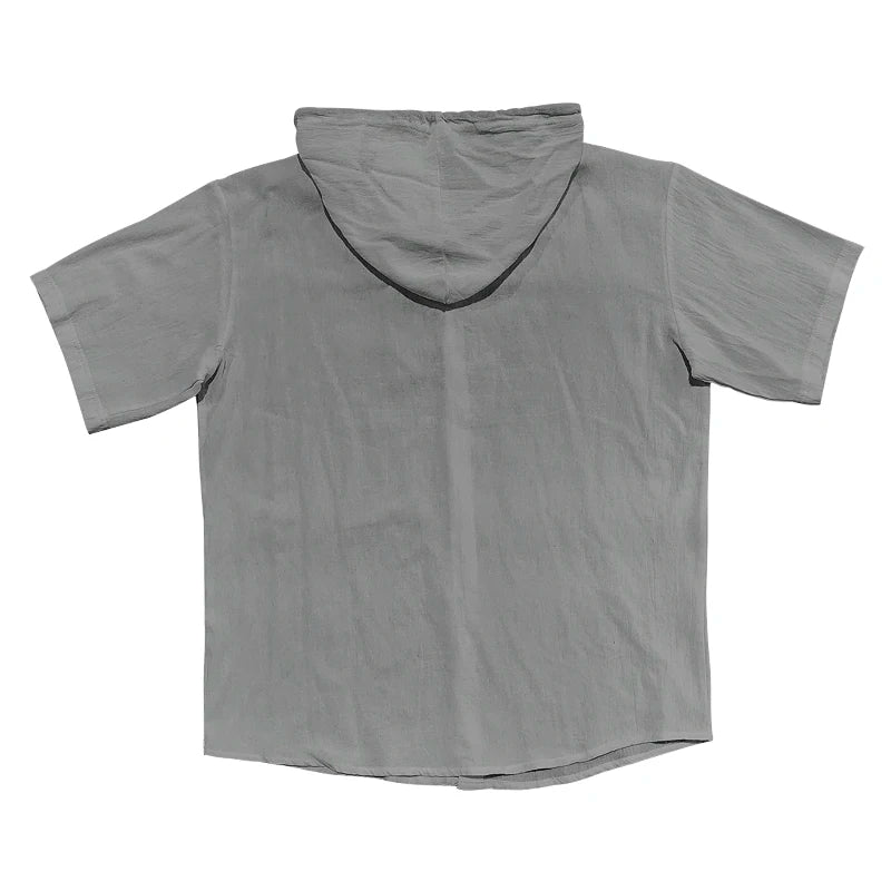 Summer cotton linen men's short sleeved shirt in US size solid color hooded casual T-shirt plus size men's clothing