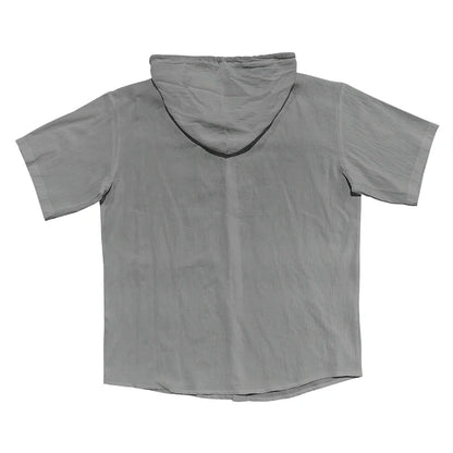 Summer cotton linen men's short sleeved shirt in US size solid color hooded casual T-shirt plus size men's clothing