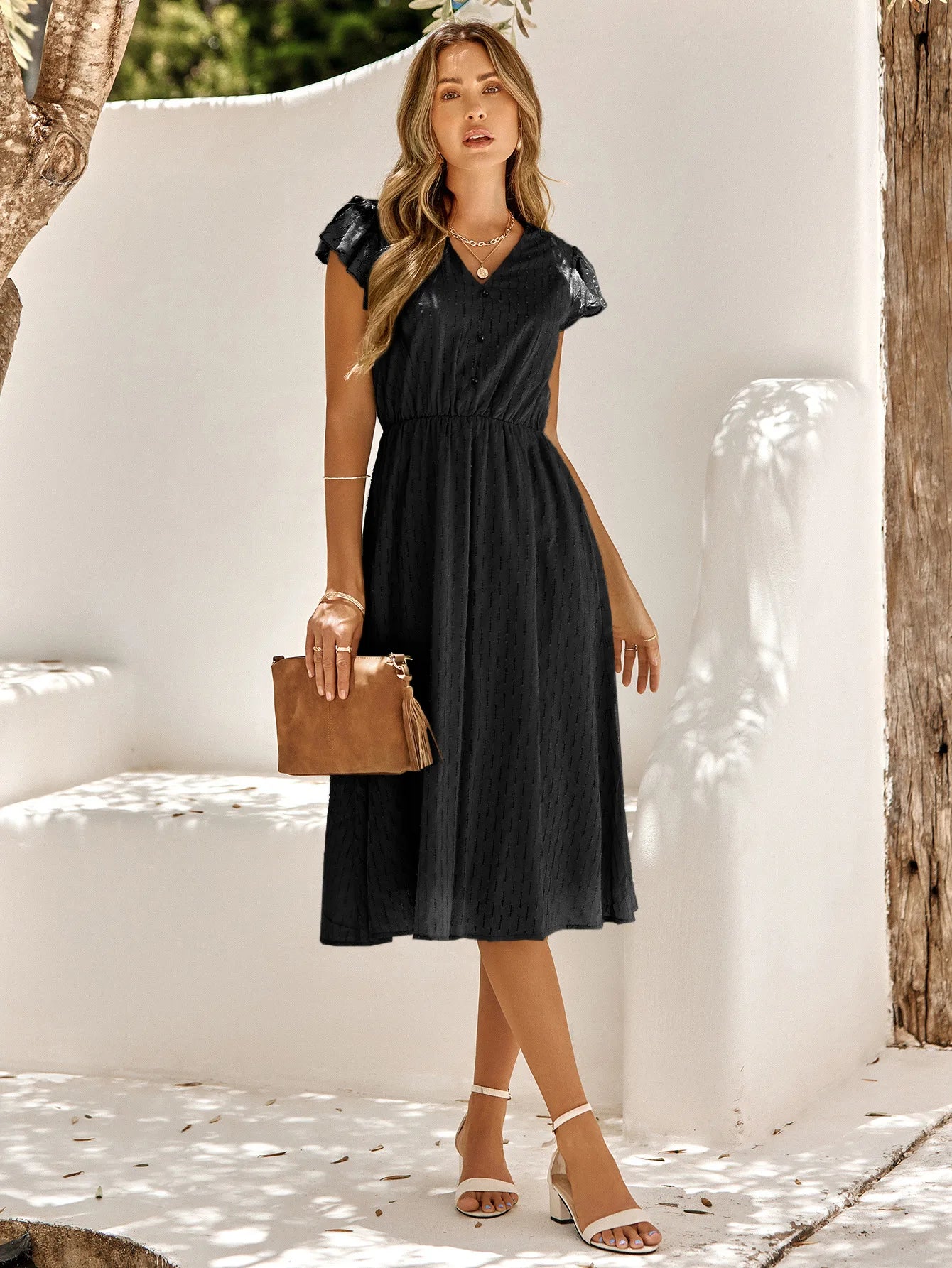 2025 New Summer Dress Women Casual Solid V-neck High Waist Fresh Wind Midi Dresses For Women Elegant Boho White Dress Vestidos
