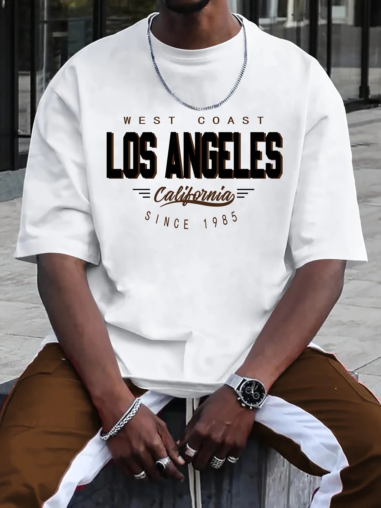 Summer men's 100% cotton comfortable casual loose plus size LOS ANGELES printed sports round neck short sleeved T-shirt top