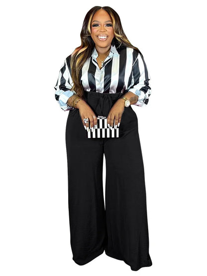 Wmstar Plus Size Women 2 Piece Clothes Print High Waist Long Sleeve Top Wide Leg Fashion Office Lady Casual Matching Pants Sets
