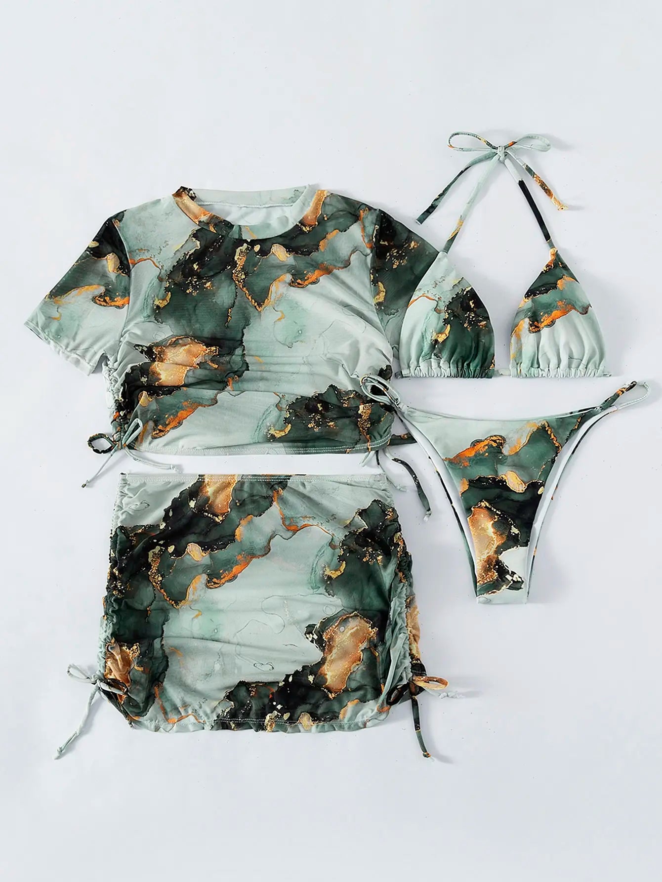 4 Pieces Halter Bikini Swimsuit With Marble Print Cover Up 2025 Swimwear Female Beachwear Bathing Swimming Suit Women Summer
