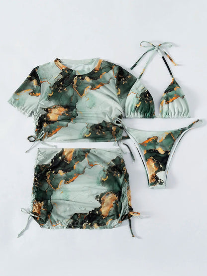 4 Pieces Halter Bikini Swimsuit With Marble Print Cover Up 2025 Swimwear Female Beachwear Bathing Swimming Suit Women Summer