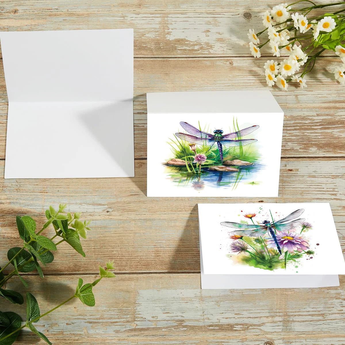 12pcs Watercolor Esign Dragonfly Flower Greeting Cards With Envelopes For Thank You Gifts, Birthday Congratulation, Wedding Wish