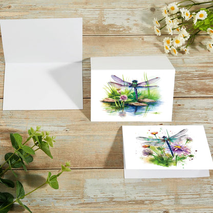 12pcs Watercolor Esign Dragonfly Flower Greeting Cards With Envelopes For Thank You Gifts, Birthday Congratulation, Wedding Wish