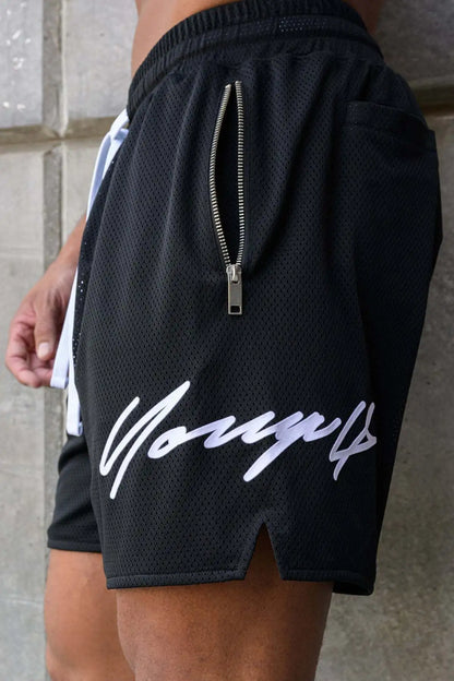 Woven Sports Quick Drying Black Shorts Men's Fitness Tide Brand Bodybuilding Slim Zipper Pocket Running Hip-hop Training Pants