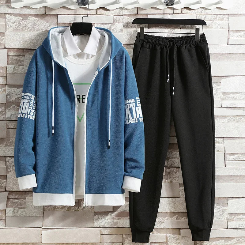 Casual Men's Sport Suit Loose Fit Hooded Cardigan Sweatshirt Pants Set Spring Autumn Season Stylish Outfit