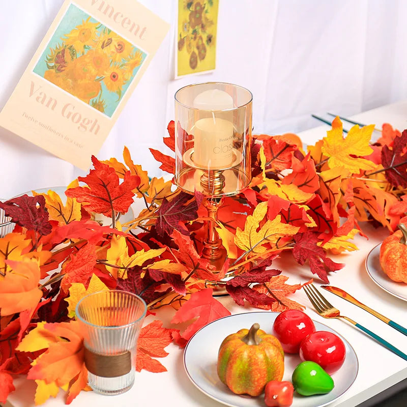 2M Artificial Maple Leaf Garland Thanksgiving Christmas Hanging Wall Decor Fake Fallen Leaves Autumn Decor Rattan Wedding Props